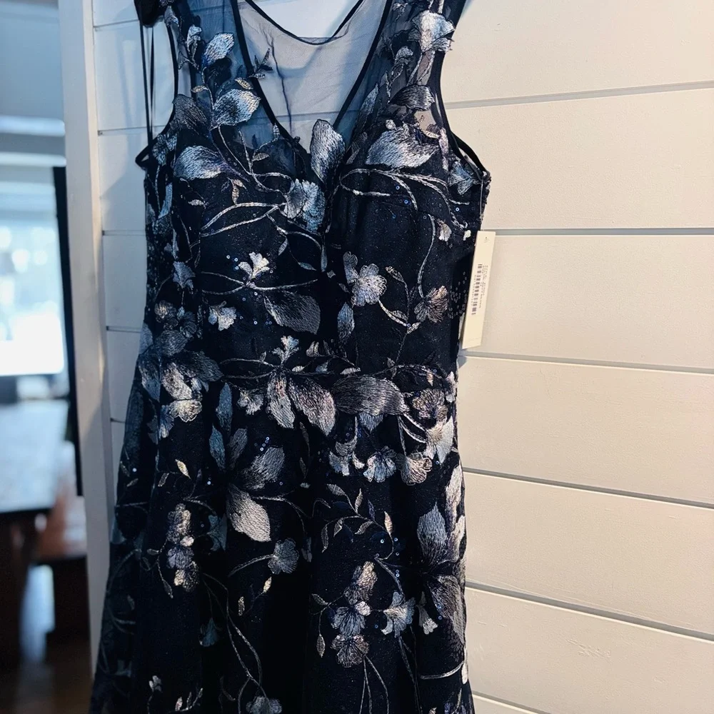 Teri Jon Navy Maxi Dress with Silver Floral Embroidery - Picture 12 of 14